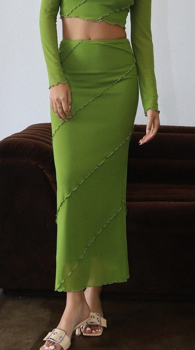 Mesh Long Skirts With Merrow Detail - Avocado