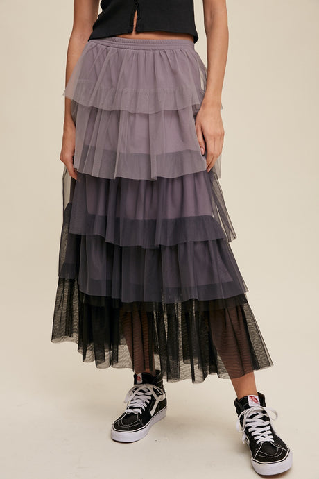 Gradient Style Tiered Mesh Maxi Skirt