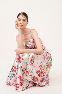 Floral Print Satin Bow Detail Midi Dress