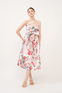 Floral Print Satin Bow Detail Midi Dress