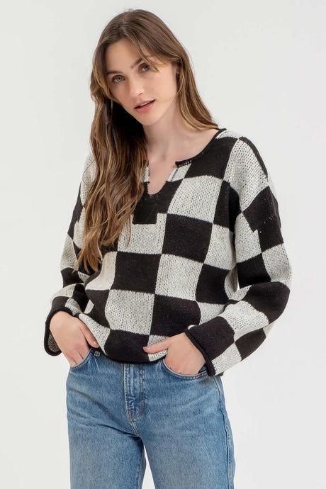 Checkered Split Neck Long Sleeve Knit Sweater