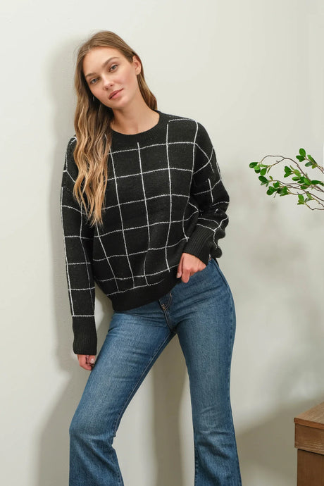 Grid Print Crewneck Knit Pullover Sweater