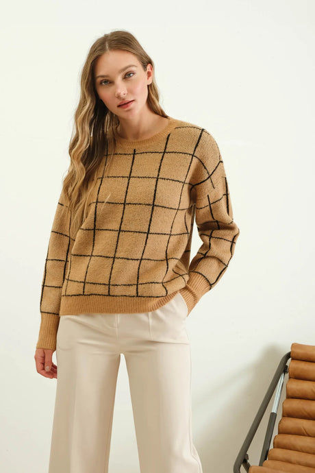 Grid Print Crewneck Knit Pullover Sweater