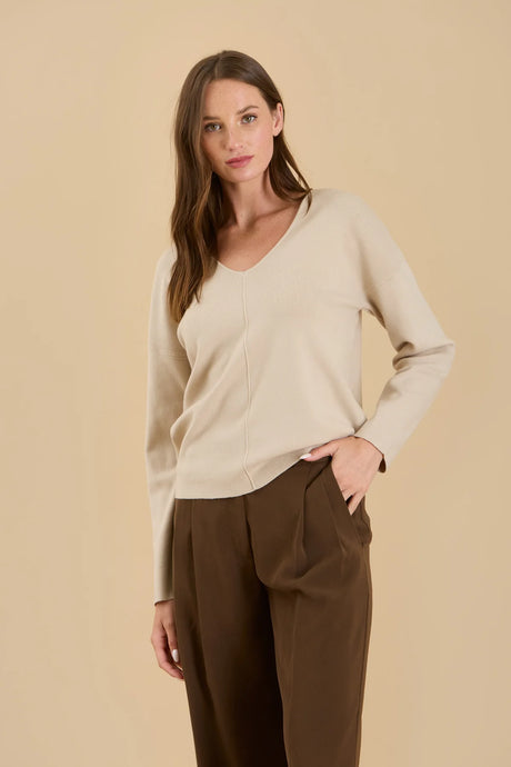 Solid V-neck Front Seam Knit Sweater