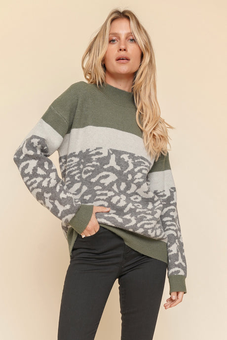 Mock Neck Color Block Leopard Sweater