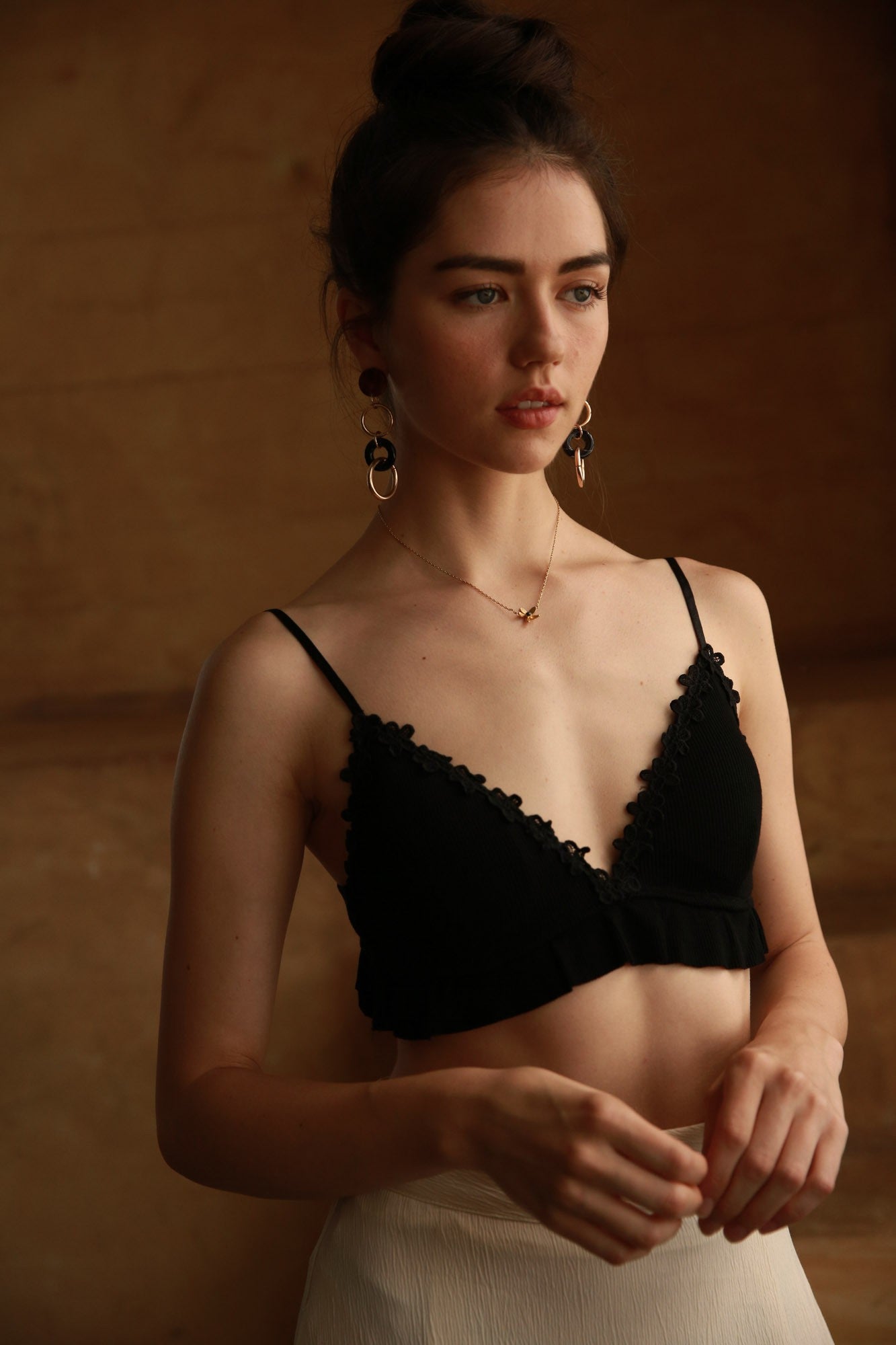 Stretch Rib Bralette with Floral Crochet Lace