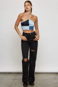 Halter Denim Patchwork Crop Top