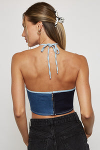 Halter Denim Patchwork Crop Top