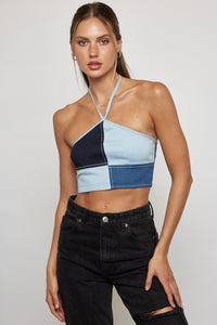 Halter Denim Patchwork Crop Top