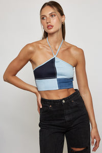 Halter Denim Patchwork Crop Top