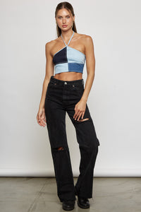 Halter Denim Patchwork Crop Top