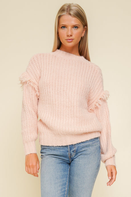 Cable Knit Fringe Detailed Crew Neck Sweater Top