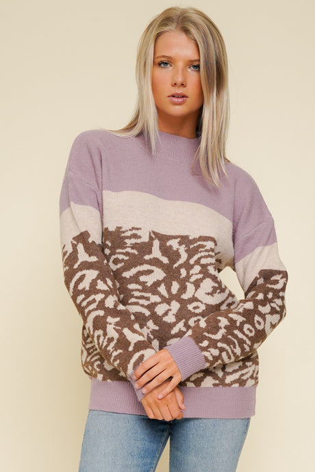 Mock Neck Color Block Leopard Sweater