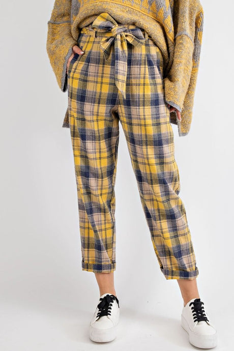 Plaid Washed Tie Waisted Straight Legs Pants