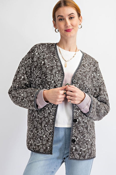 Paisley Print Quilted Button Down Jacket